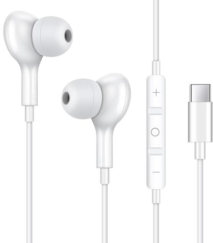 Vunake USB C Headphones for iPhone 15 Pro Max/15/15 Pro, Samsung S23, Pixel 6 iPad, White - In Ear Wired Headphones with Built-in Microphone, Bass Stereo Noise Canceling, USB C Earbuds