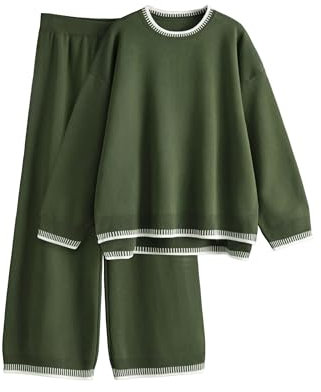 Lentta 2-teiliges Damen-Pullover-Set, Outfits, langärmelig, Strickpullover, Tops, weites Bein, Hose, Lounge-Sets, Trainingsanzüge, Army Grün, M