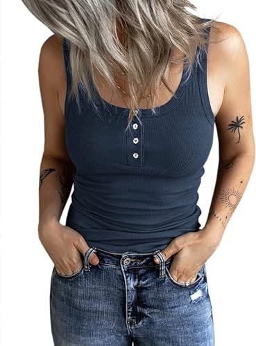 Fessceruna Damen Tops Sexy U-Ausschnitt Tank top Ärmellos Sommer Oberteile Gerippt Camisole mit Knöpfen(Blau, S)