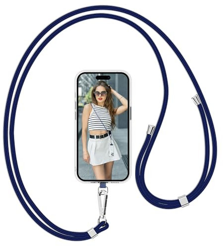 Flyzoo Phone Lanyard Neck Strap with Patch, Adjustable Crossbody Mobile Nylon Chain Cord String Rope Charm with Tether Pad and Metal Buckle Compatible with Most Smartphones and Cases, DarkBlue