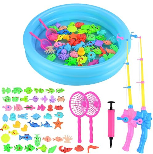 LUFEIS Angeln Spielzeug 52PCS Angelspiel für Kinder Wasser,Magnet Angelspiel für Kinder ab 3 Jahre,Baby Badespielzeug Wasserspielzeug mit Angeln und Aufblasbarer Fischteich Angeln Geschenk für Kinders