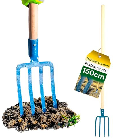 Avilia Forca per Vangare a 4 Denti in Acciaio con Manico in Mogano 150cm - Forca da Scavo e Giardino, Testa Forgiata 16cm, Ideale per Terreni Duri e Trapianti, 150x10x16cm