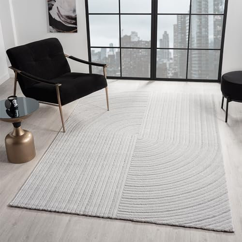 VIMODA Moderner Kurzflor-Teppich Boho Wohnzimmer Schlafzimmer dünn mit 3D Hoch-Tief Effekt Pflegeleicht, Farbe:L.Grey, Maße:240x330 cm