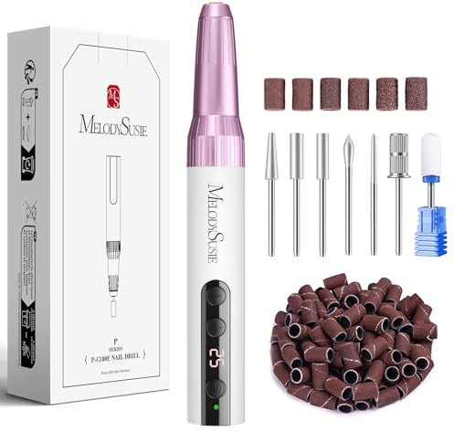 MelodySusie Rechargeable Cordless Electric Nail Files,PC180E 25000RPM Portable Nail Drill for Acrylic Gel Dip Powder Nails, Efiles 25 Speeds with Nail Drill Bits Sanding Bands Dust Brush