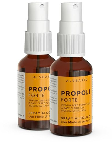ALVEARIO - Spray Gola Propoli Forte - Spray Gola Antinfiammatorio - Integratore alimentare a base di Propoli, Gradazione Alcolica 50%, Prodotto in Italia, Bio, Flacone Spray - 2 x 20 ml