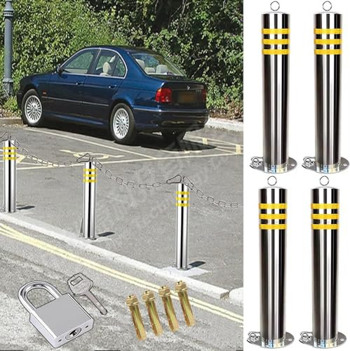 Pali stradali portatili, Paletto per barriera di parcheggio con base staccabile e bloccabile, Paletto per segnaletica di parcheggio riflettente commerciale (Argento con anello H75 cm 4 pezzi) (Argento