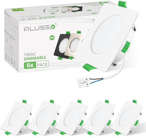 ALUSSO LED Einbaustrahler 230V Eckig, 4W 68mm Dimmbar LED Einbauleuchten, 3CCT 3000K Warmweiß 4000K Neutralweiß 6500K Kaltweiß, IP44 Badezimmer LED Deckenspots für Küche, 6er Set