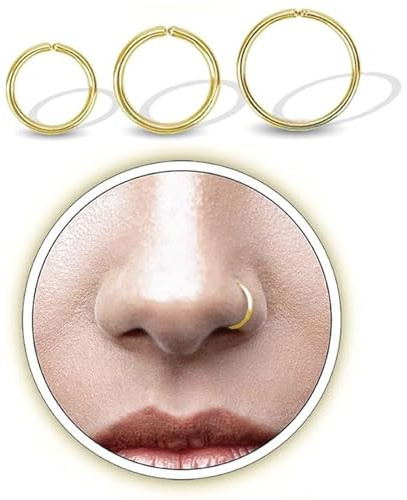 3pcs Gold Nose Ring Piercing Jewellery for Women, Gold Nose hoops Snug + Super Snug Nose Ear Lip ring Tragus Septum Rings 6mm 8mm 10mm, 20g Surgical Steel Hypoallergenic