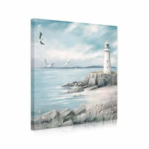 XMYATELi Blue Coastal Lighthouse Wall Art: Lighthouse Pictures and Seagulls Ocean Painting Calming Seascape Canvas Art Print for Bathroom Bedroom Office Living Room Wall Decor Small 30x30 Cm Framed