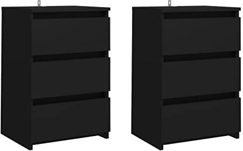 vidaXL Scandinavian Style Bed Cabinets in Black - 2 pcs, Engineered Wood with 3 Drawers, Bedroom Nightstand, Measuring 40 x 35 x 62.5 cm
