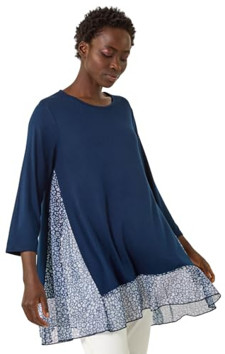 Roman Originals Chiffon Dipped Hem Top Asymmetric Tunic for Women UK Ladies Stretchy Jersey Flared Blouse Smart Fit & Flare Form Casual Loose Longline Party Hanky Tunics - Navy White - Size 16