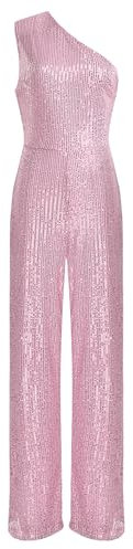 TiaoBug Damen Pailletten Jumpsuit Overall Ein-Schulter Body mit Weite Hose Festlich Einteiler Modern Hosenanzug Tanz Leotard Romper Playsuit Rosa M