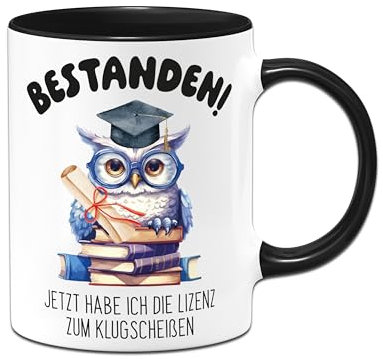 Tassenbrennerei Tasse - Bestanden! Jetzt habe ich die Lizenz zum Klugscheißen - Geschenk zur bestandenen Prüfung zum Bachelor, Abi, Abitur oder Studium - Kaffeetasse lustig (Schwarz)