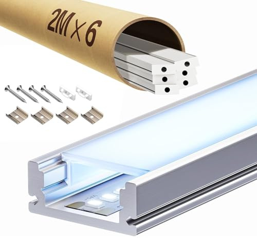 ClarivantiLED LED Profil 2m für 12mm LED-Streifen (6 Stück) – Schiene mit opalem Diffusor für gleichmäßiges Licht – Aluminium Profil zur Montage von LED Strips