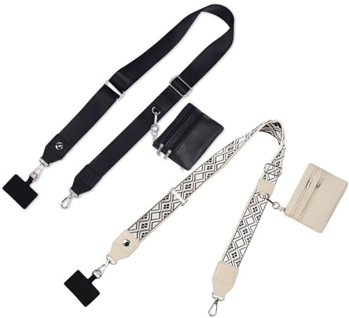RZMAYIS Phone Crossbody Strap with Wallet Pouch, 2-Pack, Adjustable Lanyard with Zipper (STYLE1, Black + Beige)