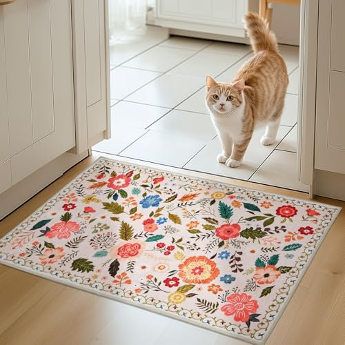 Puremy Schmutzfangmatte Innen, Waschbarer Fussmatte, Blumenmuster, Vintage Teppiche, Niedriger Flor, rutschfest, Weiche, Eingangstürmatte für Flur Eingangsbereich Küche, 66x100cm, Beige