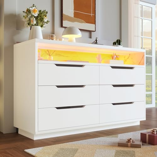 Jaxenor Sideboard for Living Room, Modern Wooden Storage Cabinet with 6 Drawers & Shelves, White Storage Units with RGB LED Lighting for Bedroom, Dining Room, Office, White