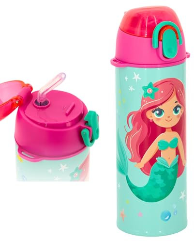 Julian Ross Botella térmica infantil 500 ml con pajita – Acero inoxidable sin BPA, tapa antigoteo, fácil de usar – ideal para escuela, deporte o regalo niña – Sirena