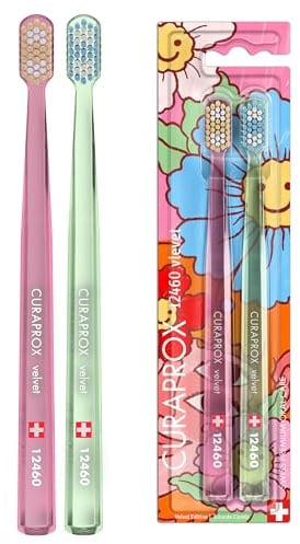 Curaprox CS 12460 Velvet Duo Sonderedition 2025, Transparent Pink/Grün | Für empfindliches Zahnfleisch und Zähne, Sanft Fliesenentfernung, 2er Set, Swiss Made