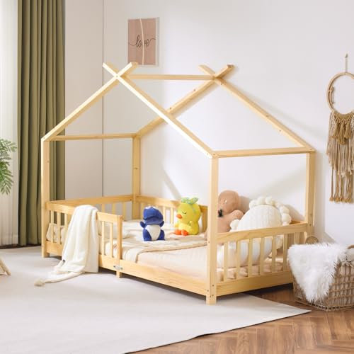 LALAHO Kinderbett Bodenbett 90x200 cm, Kinder Bett Mit Stoffhimmel, Kinderbetten inkl. Rausfallschutz & Lattenrost, Bodenbett Kinder bis 200 kg (Natur)