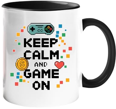 Excudo Trade LTD Keep Calm and Game On Color Mug Gamer Coffee Cup Controller Design Funny Video Game Gift for Him Her Geek Nerd Gaming Mug for Console Players Retro Lovers - Black