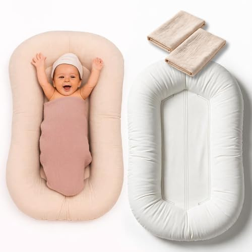 PaLulli Premium Babynest mit 2 abnehmbaren Wechselbezügen aus Bio-Baumwolle | Für Neugeborene und Babys 0–12 Monate – hygienisch im Alltag: ein Bezug bleibt nutzbar, während der andere gewaschen wird.