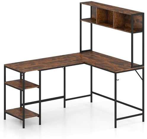 GIANTEX Bureau en L avec Bibliothèque, Étagères Latérales et Crochet, Structure Métallique, Bureau Gaming d'angle avec Pieds Antidérapants Réglables, Table Gamer pour Jouer, Travailler (Marron)