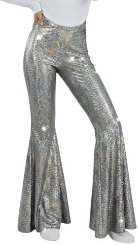 Glitzer Hose Damen Silber Pailletten Schlaghose High Waist Weites Bein Paillettenhose Metallic Glänzend Partyhose 70er 80er Disco Rave Outfit Glitzerhose für Tanz, Fasching, Karneval, Festival, Club
