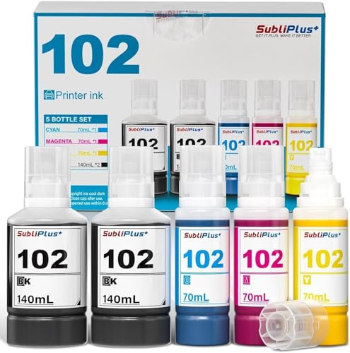 102 Ink Refill Bottles Multipack, Replacement Compatible for Epson Eco Tank ET-2750 ET-2850 ET-3750 ET-15000 ET-2700 ET-2751 ET-2756 ET-2851 ET-2856 ET-3700 ET-3850 ET-4750 ET-4850 ET-4856, 5-Pack