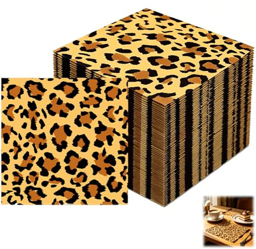 60 Pcs Leopard Print Party Decorations and Brown Napkins, 60 Sheets Tissue Paper for Baby Showers and Birthday Celebrations, Folded Size 16.5 cm by 16.5 cm, Expanded Size 33 cm by 33 cm