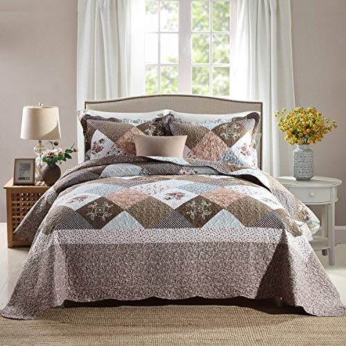 HoneiLife Bettwäsche-Set für King-Size-Betten, 3-teilig, Mikrofaser, wendbar, Tagesdecke, Patchwork-Decke, Blumen-Bettwäsche-Set für alle Jahreszeiten, Quilts, Spleißen Mokka-Rose, King-Size-Größe