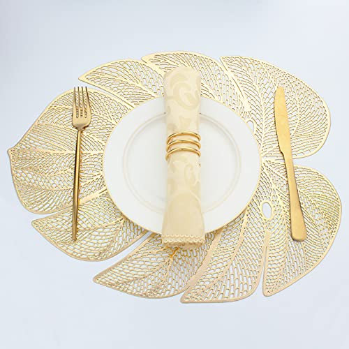 Evevda Juego de 6 Manteles Individuales de Vinilo en Forma de Hoja Dorada para Mesa de Cena, Plástico Metálico, Decoración de Boda, 45 x 35 cm