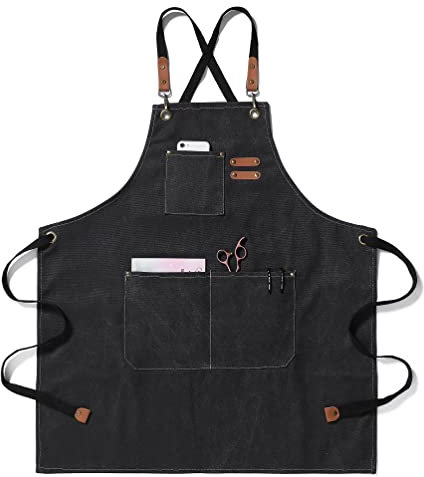 EWIZ Schürze aus Baumwollleinen, verstellbare Träger mit drei Taschen, für Männer und Frauen, Koch, Künstler, Bäcker, Barista, Barkeeper