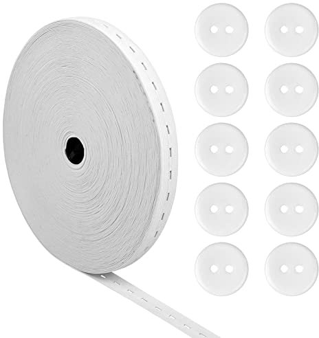 Pinsheng 30M Cinta de Goma Elastica Costura, Elástico con Ojales Banda Elástica Costura con Botones para Pantalón Pretinas Maternidad Ropa Coser Ropa Personalizada (Blanco)