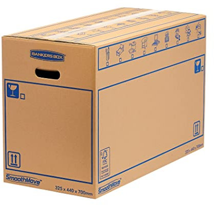 5 BANKERS BOX EXTRA LARGE Strong Moving Boxes, 100L SmoothMove Cardboard Packing Moving Boxes, Heavy Duty Double Wall Boxes for Moving House with Handles, 70cm x 44cm x 33cm (Pack of 5), Brown
