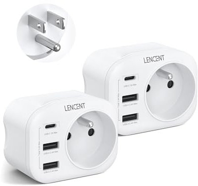 LENCENT 2 Packs Adaptateur Prise USA Américaine Canada Mexique Thaïlande Adaptateur de Voyage 2 Ports USB et 1 Port USB-C adapté aux États-Unis, Adaptateur électrique Mâle USA/Femelle France