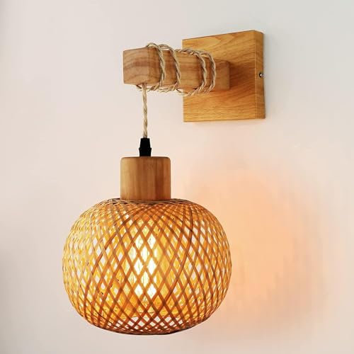 Liyabber Vintage Innen Wandleuchte, E27 Retro Holz Wandlampe mit Rattan Lampenschirm, Käfig Wandlampe für Wohnzimmer, Schlafzimmer, Flur, Esszimmer, Max 60W (Ohne Glühbirne)