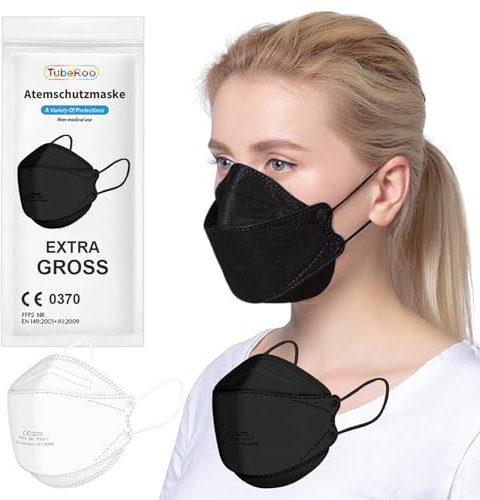TubeRoo FFP2 Maske groß Schwarz Fischform 25 Stück Masken, CE zertifiziert, Versand aus Deutschland, weiche Ohrschlaufen Bänder, Atemschutzmaske