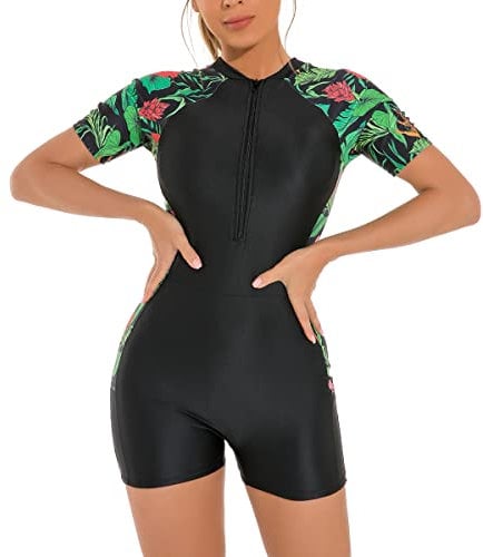 Swimming Costume Women Long Sleeve/Short Sleeve Floral Zip Up One Piece Boyleg Swimsuit Ladies Muslim Full Body Burkini Modest Swimwear Neoprene Rash Guard Surf Bathing Wet Suits Wetsuit Black #1 XXL