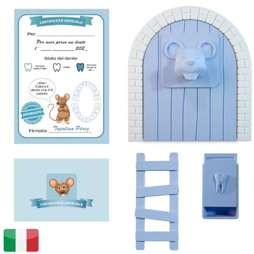 Myfuturshop® Ratoncito Pérez Puerta mágica, Caja para el Diente, Escalera, 4 certificados de Diente Limpio. Regalo Original para niño y niña. VERSION ITALIANA (AZUL)