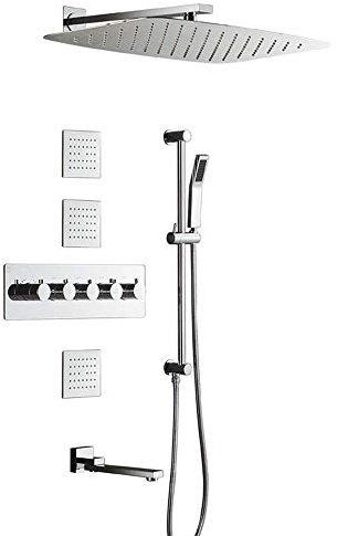 CAZARU Varilla de elevación en la Pared Juego de Ducha termostática Grifo de Ducha de Cobre Sistema de Ducha con rociador Lateral de rociador Superior de 24 Pulgadas 4 Modos Plata Hermosa práctica