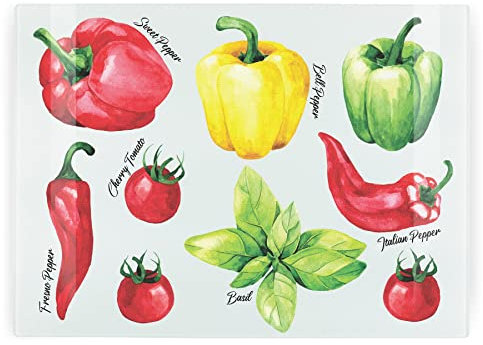Peppers Rectangular Large Glass Worktop Protector - Red, Yellow & Green Glass Chopping Board - Textured Kitchen Vegetable Cutting Board Worktop Saver with Non-Slip Feet 39cm x 28.5cm (15 x 11)