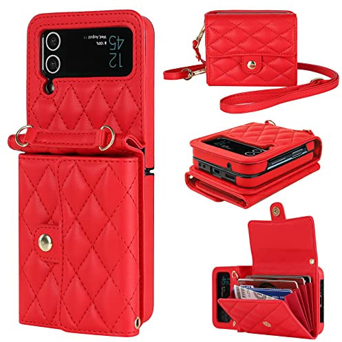 KIHUWEY Crossbody Wallet Case für Samsung Galaxy Z Flip 4, Purse with Credit Card Slot Holder RFID Blocking PU Leder Adjustable Lanyard Detachable Strap Wrist for Women (Rot)