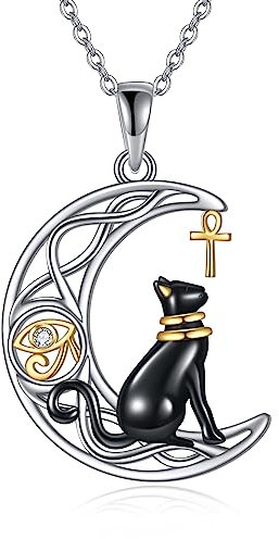 HUKKUN Katzen Kette Damen Silber 925 Anhänger Halskette Ägyptischer Schmuck Schwarze Katze Geschenke für Frauen