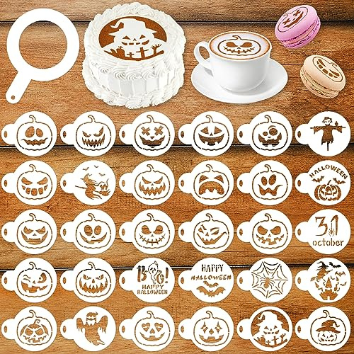 MWOOT 30 Stücke Halloween Kaffee Schablonen Cookie Stencils,Gemischtes Kürbisgesicht Painting Stencils Templates,Backvorlagen für Halloween Decor DIY Bastelarbeiten,Torten Schablone Torte Templates