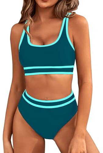 BMJL Women's High Waisted Bikini Sets Sporty Two Piece Swimsuits Color Block Cheeky High Cut Bathing Suits(S,Dark Green Blue)
