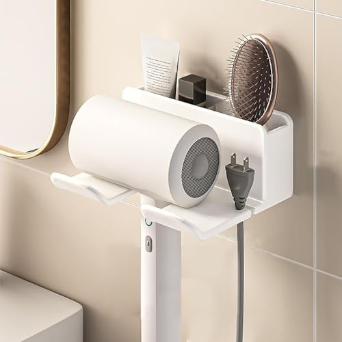 Soporte para Secador de Pelo Montado en La Pared, Soporte Plancha Pelo Adhesivo, Sujeta Secador de Pelo, Soporte Secador de Pelo, Autoadhesivo, No Daña La Pared, para Cuarto de Baño (Blanco)