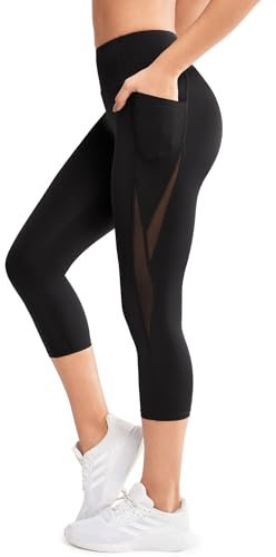 Yvette 3/4 Damen Sport Leggings Capri Sporthose mit Mesh Hohe Taille Bauchkontrolle Blickdicht Leggins, schwarz,S