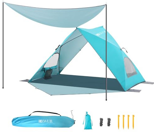 Dewur Dreieck Strandmuschel 2-4 Personen Pop Up Strandzelt mit Sonnensegel UPF 50+ UV Sonnenschutz Wasserdicht für Familien Strand Camping Garten, Blau