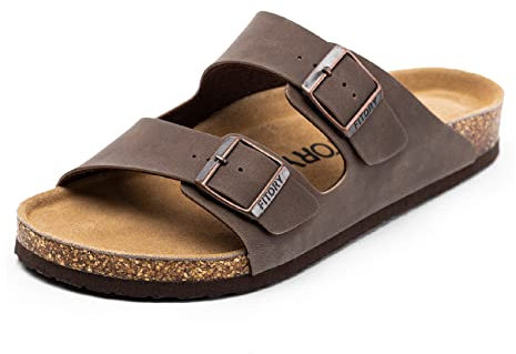 FITORY Mens Sandals, Arch Support Slides with Adjustable Buckle Straps and Cork Footbed for Summer Brownish Yellow Size 9.5